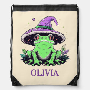 Green Frog Wearing Purple Witch Hat Drawstring Bag