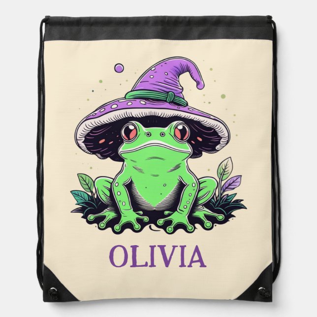 Green Frog Wearing Purple Witch Hat Drawstring Bag (Front)