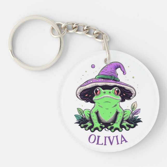 Green Frog Wearing Purple Witch Hat Keychain (Front)