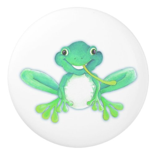 Green frog whimsical watercolor art doorknob ceramic knob