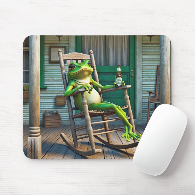 Green Frog With a Beer Bottle Mouse Pad (With Mouse)