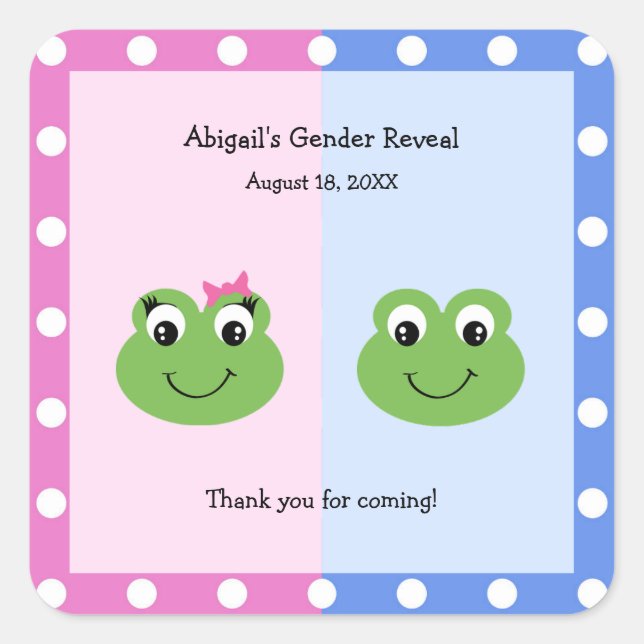Green Frogs Gender Reveal Baby Shower Square Sticker (Front)