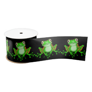 Green Frogs on Black Satin Ribbon
