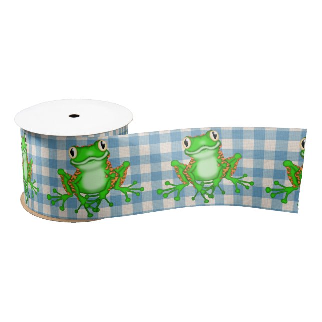 Green Frogs On Gingham Satin Ribbon (Spool)