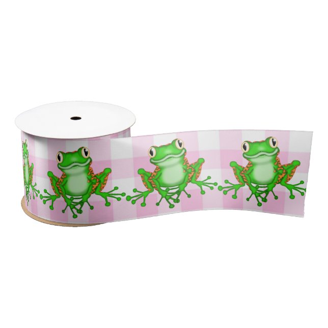 Green Frogs on Pink Gingham Satin Ribbon (Spool)