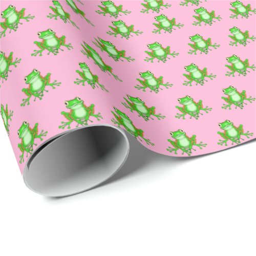 green frogs on pink wrapping paper