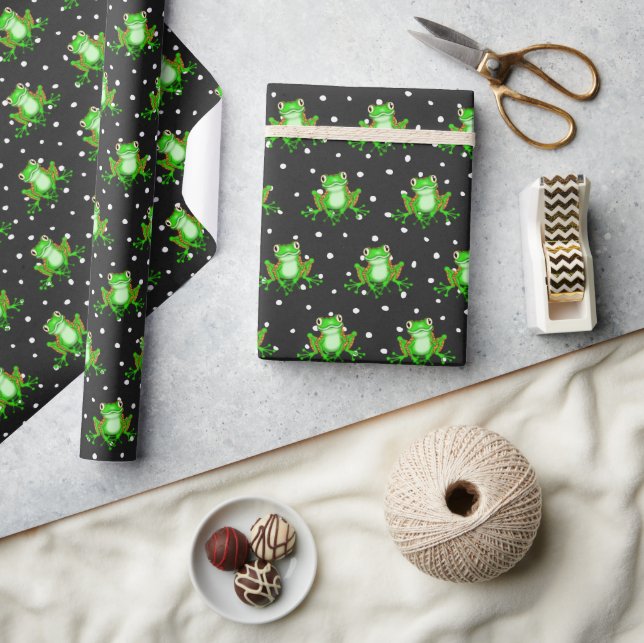 Green Frogs On Polka Dots Wrapping Paper (Crafts)
