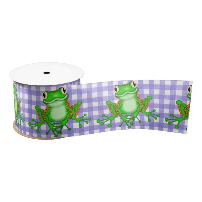 Green Frogs on Purple Gingham Satin Ribbon (Spool)