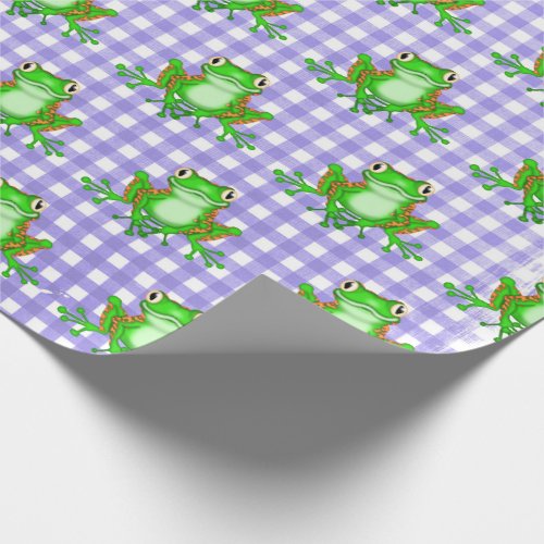 Green Frogs on Purple Gingham   Wrapping Paper