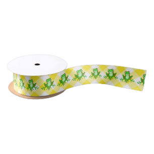 Green Frogs on Yellow Gingham Satin Ribbon