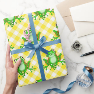 Green Frogs on Yellow Gingham  Wrapping Paper
