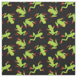 Green Frogs Pattern on Black Fabric