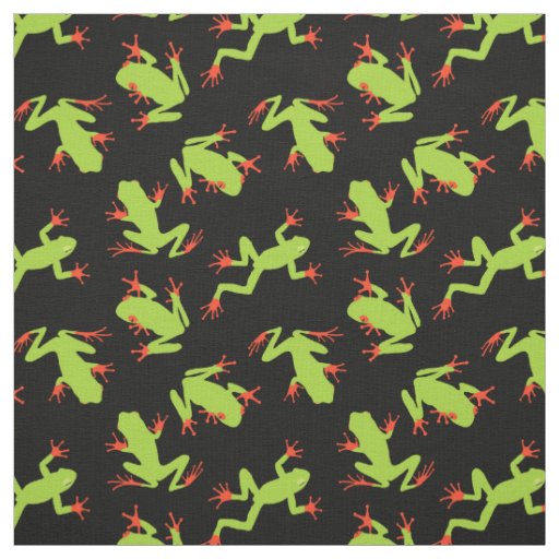 Green Frogs Pattern on Black Fabric