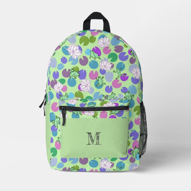 Green Frogs Pattern Personalized Monogram Printed Backpack (Front)