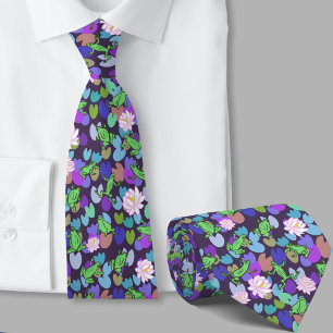 Green Frogs with Blue Lily Pads Hand Drawn Neck Tie