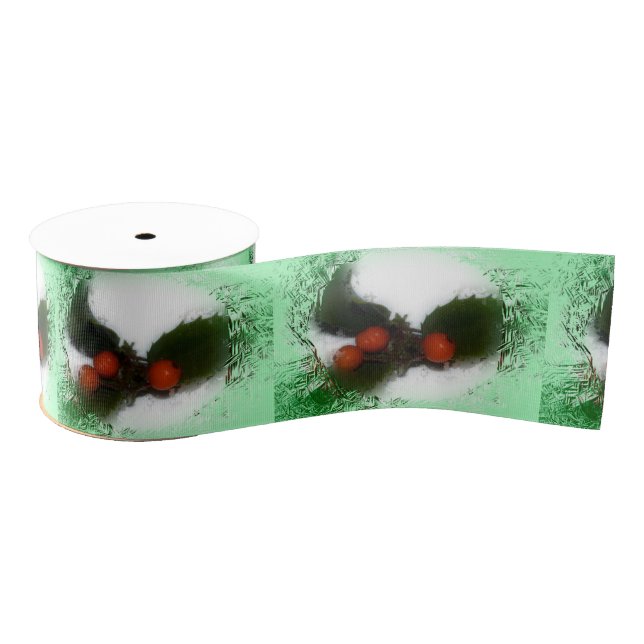 Green Frosty Holly Berries Grosgrain Ribbon (Spool)