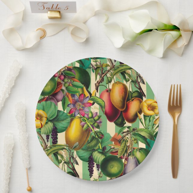 Green Fruit and Flower Garden Retro Style Paper Plates (Wedding)