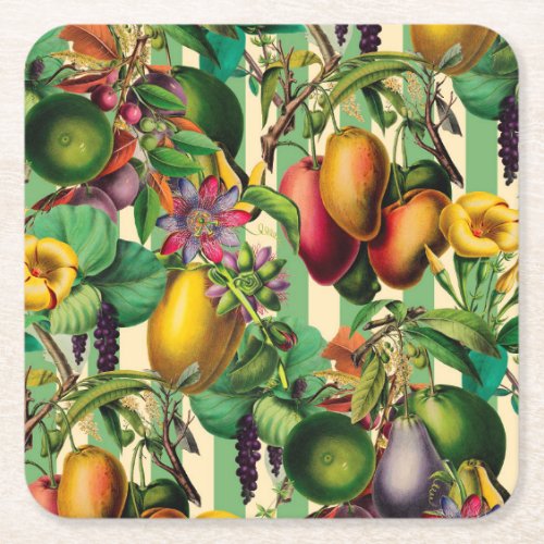 Green Fruit and Flower Garden Retro Style Square Paper Coaster