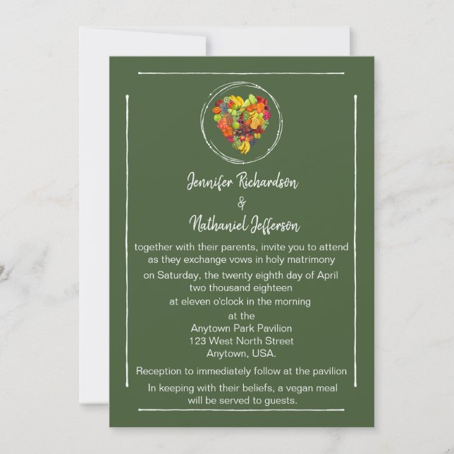 Green Fruit Heart Vegan Themed Wedding Invitation (Front)