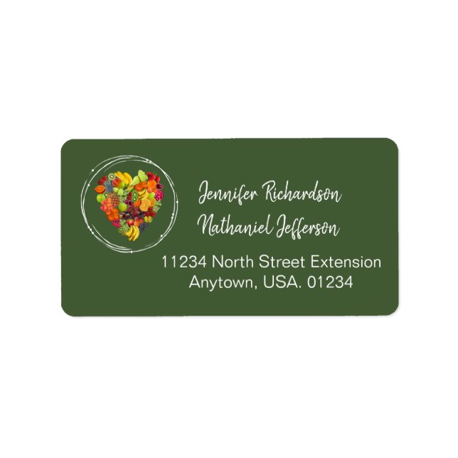 Green Fruit Heart Vegan Themed Wedding Label (Front)