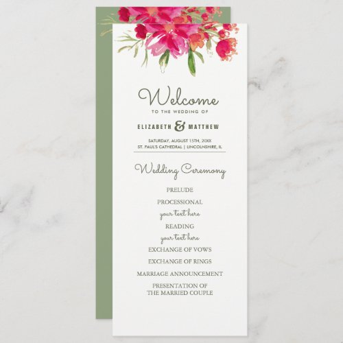 Green  Fuchsia Floral Watercolor Wedding Programs
