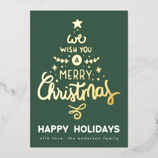 Green Fun Gold We Wish You a Merry Christmas Tree Foil Holiday Card