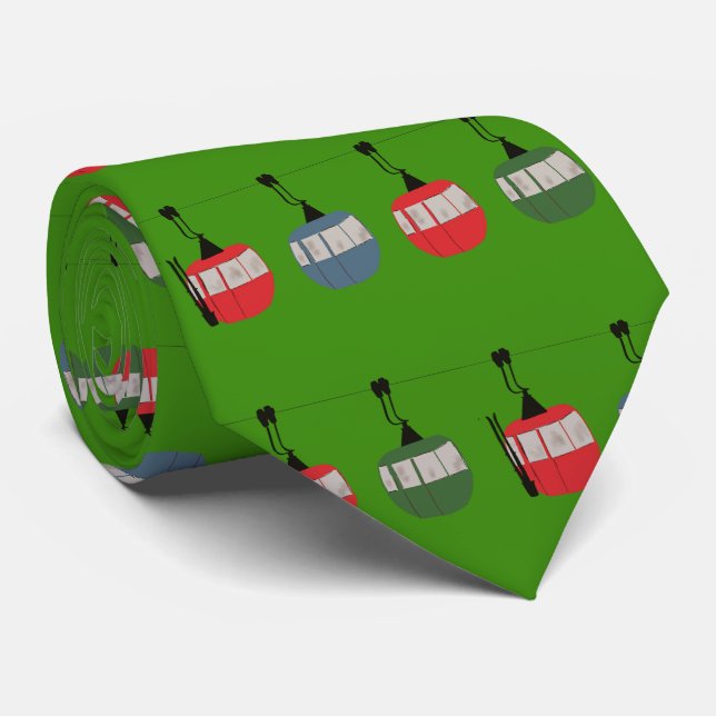 Green Funny Christmas Ski Lift Illustration Skier Neck Tie (Rolled)