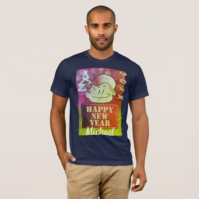 Green Funny Cute Little Cartoon Boy Happy New Year T-Shirt (Front Full)