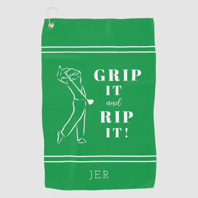 Green Funny Humorous Golf Grip Rip Mens Pro Custom Golf Towel (Front)