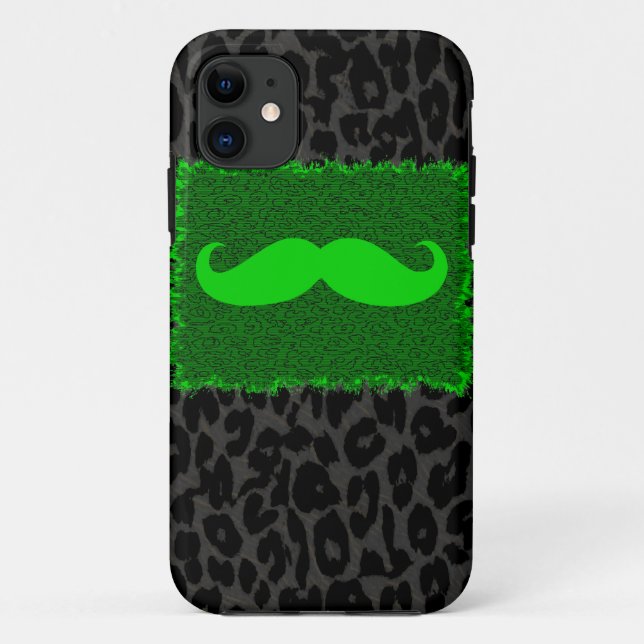 Green Funny Mustache and Leopard Print Case-Mate iPhone Case (Back)