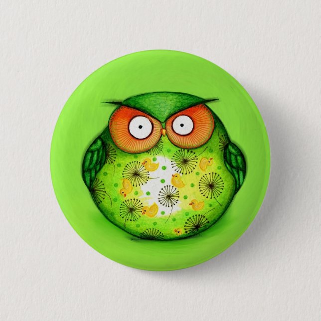 Green Funny Owl Pinback Button (Front)