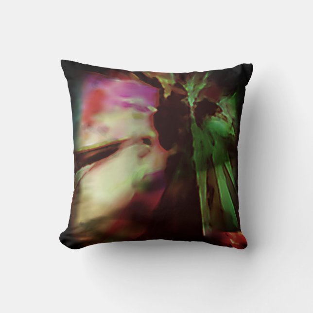 Green Fuschia Beige Batik-like Abstract Flower Art Throw Pillow (Front)
