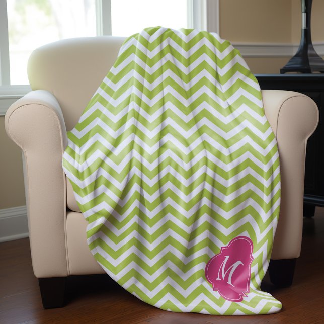 Green & Fuschia Zigzag Pattern Monogram Fleece Blanket (Creator Uploaded)