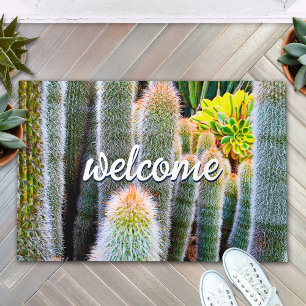 Green Fuzzy Cacti Close-up Photo Welcome Script Doormat
