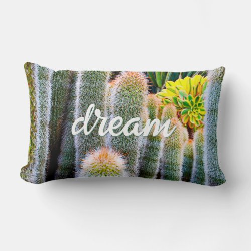 Green Fuzzy Cacti Photo Dream Quote Script Bold Lumbar Pillow