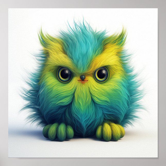 Green Fuzzy Owl Fantasy Creature Poster (Front)