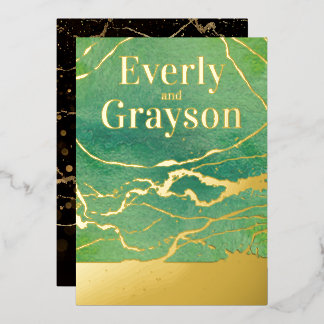 Green Galaxy Agate Marble Gold Wedding Foil Invitation