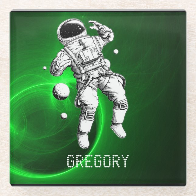 Green Galaxy Astronaut Personalized Glass Coaster (Front)