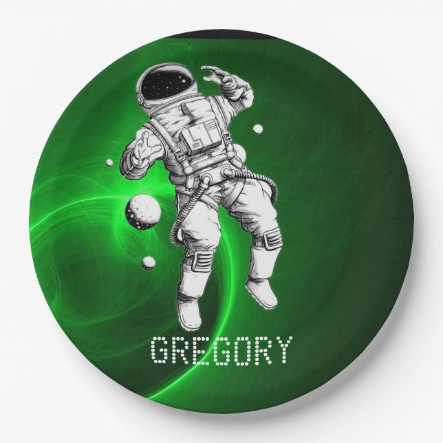 Green Galaxy Astronaut Personalized Paper Plates (Front)