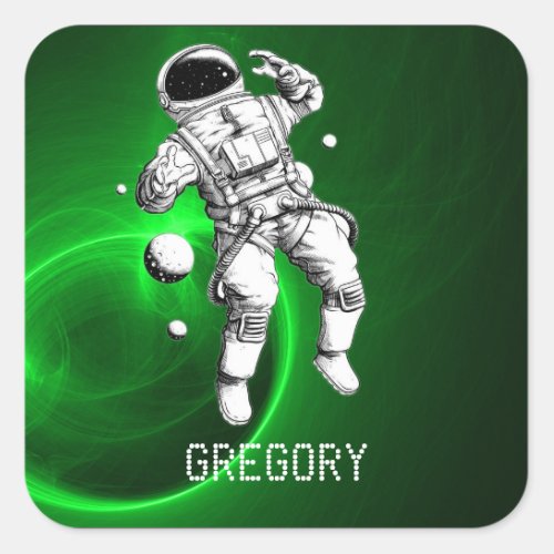 Green Galaxy Astronaut Personalized Square Sticker