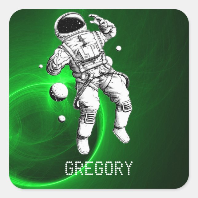 Green Galaxy Astronaut Personalized Square Sticker (Front)