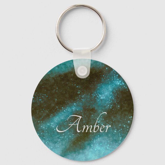 Green Galaxy Sparkle Abstract Personalized Keychain (Front)