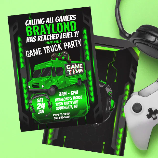 Green Game Truck Birthday Party Invitation Zazzle