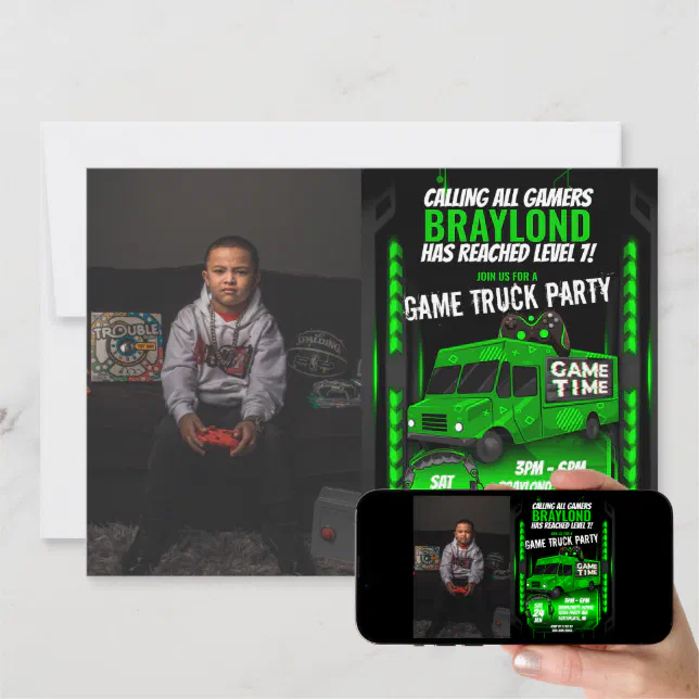Green Game Truck Birthday Party Photo Invitation Zazzle