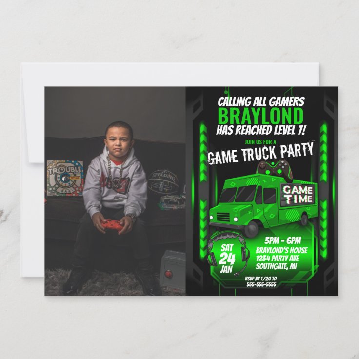 Green Game Truck Birthday Party Photo Invitation Zazzle