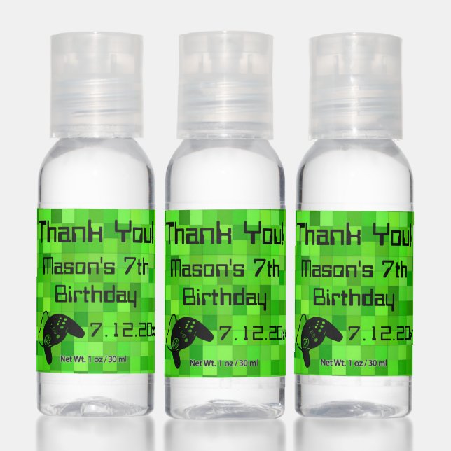 Green Gamer Pixels Birthday Party Hand Sanitizer (Set)