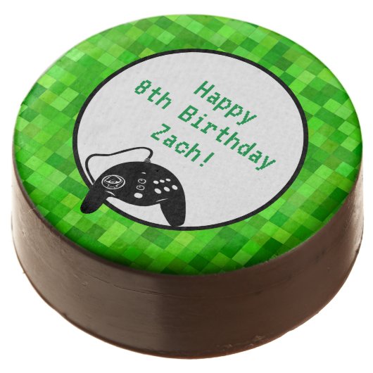 Green Gamer Pixels | Custom Birthday Party Chocolate Covered Oreo (Angled)