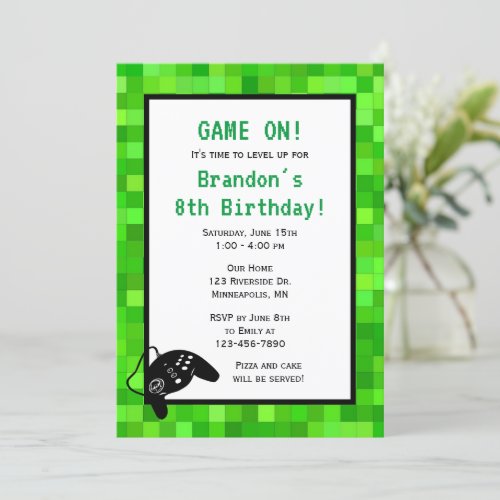 Green Gamer Pixels  Custom Birthday Party Invitation