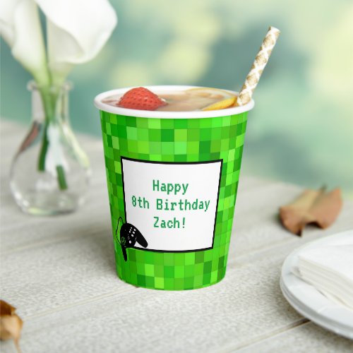 Green Gamer Pixels  Custom Birthday Party Paper Cups