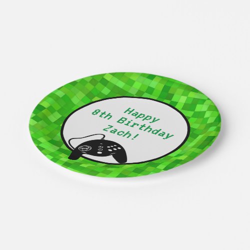 Green Gamer Pixels  Custom Birthday Party Paper Plates